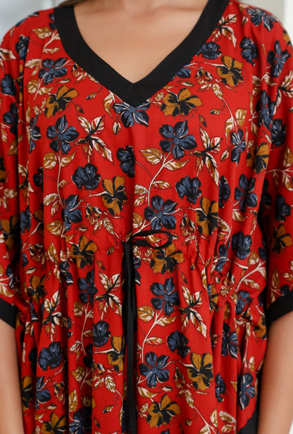 Vivid Blossom Red Printed Cotton Loungewear Kaftan