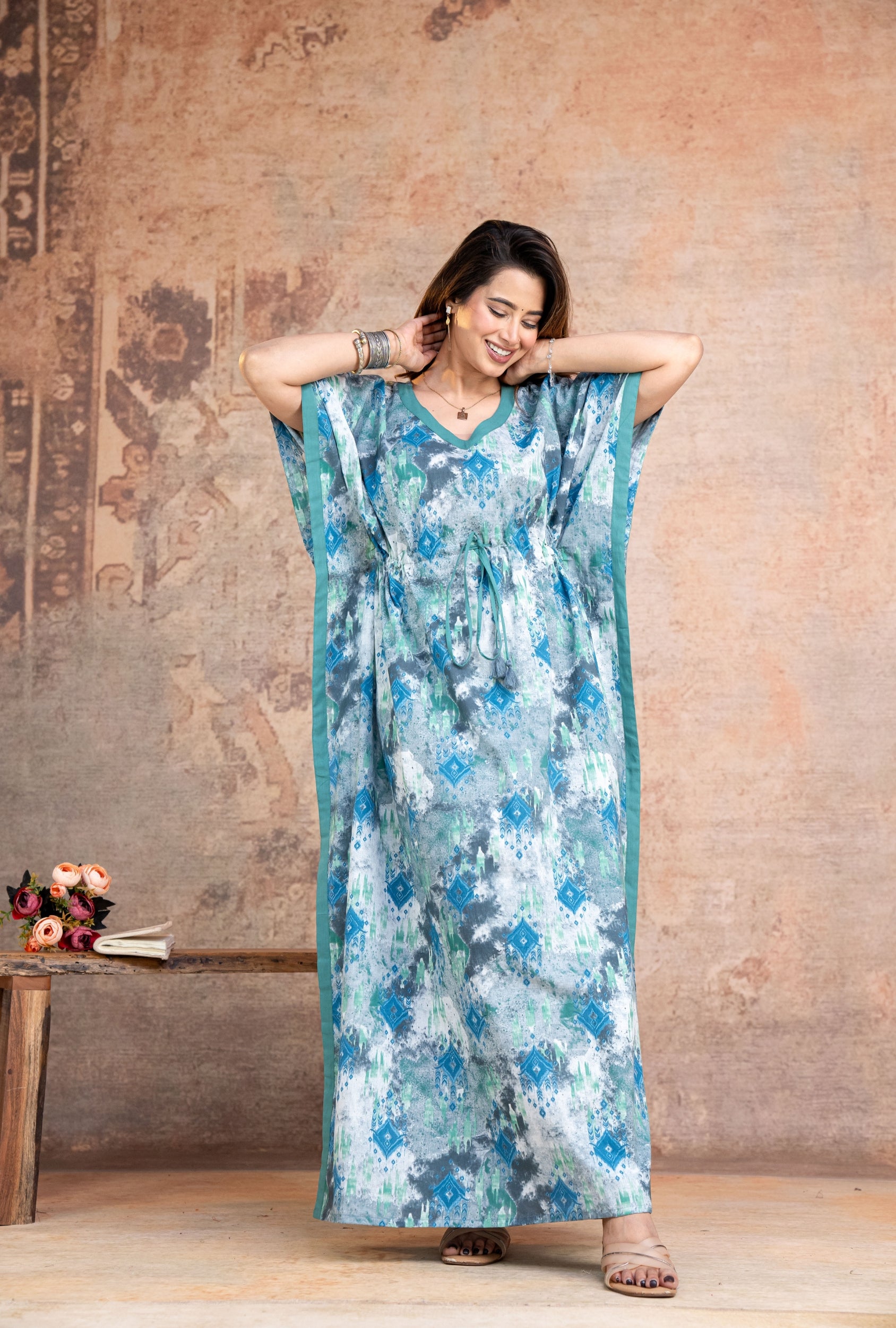 Ikkat Blue Grey Loungewear Cotton Kaftan