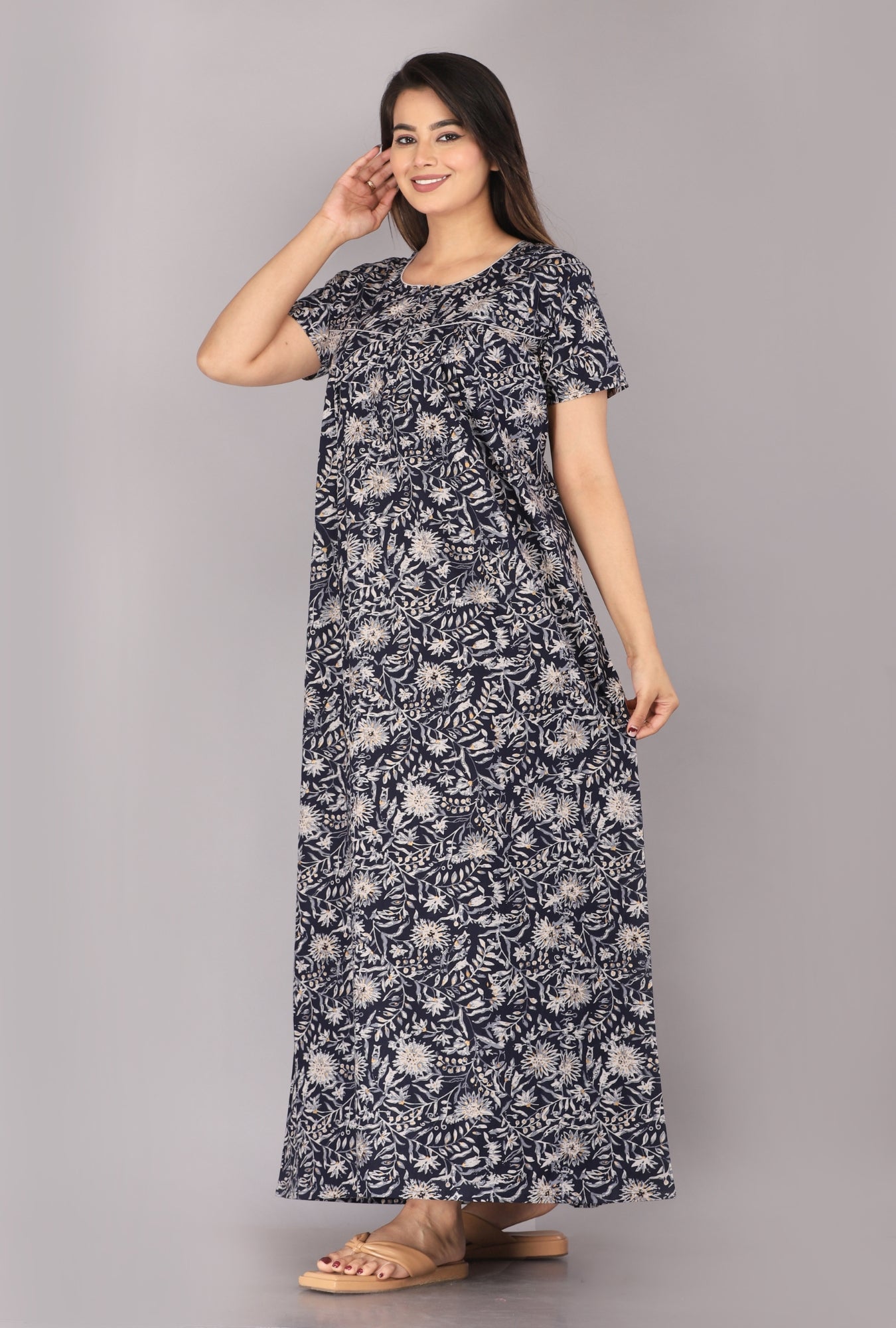 Berries Blue Cotton Printed Nightwear Gowns