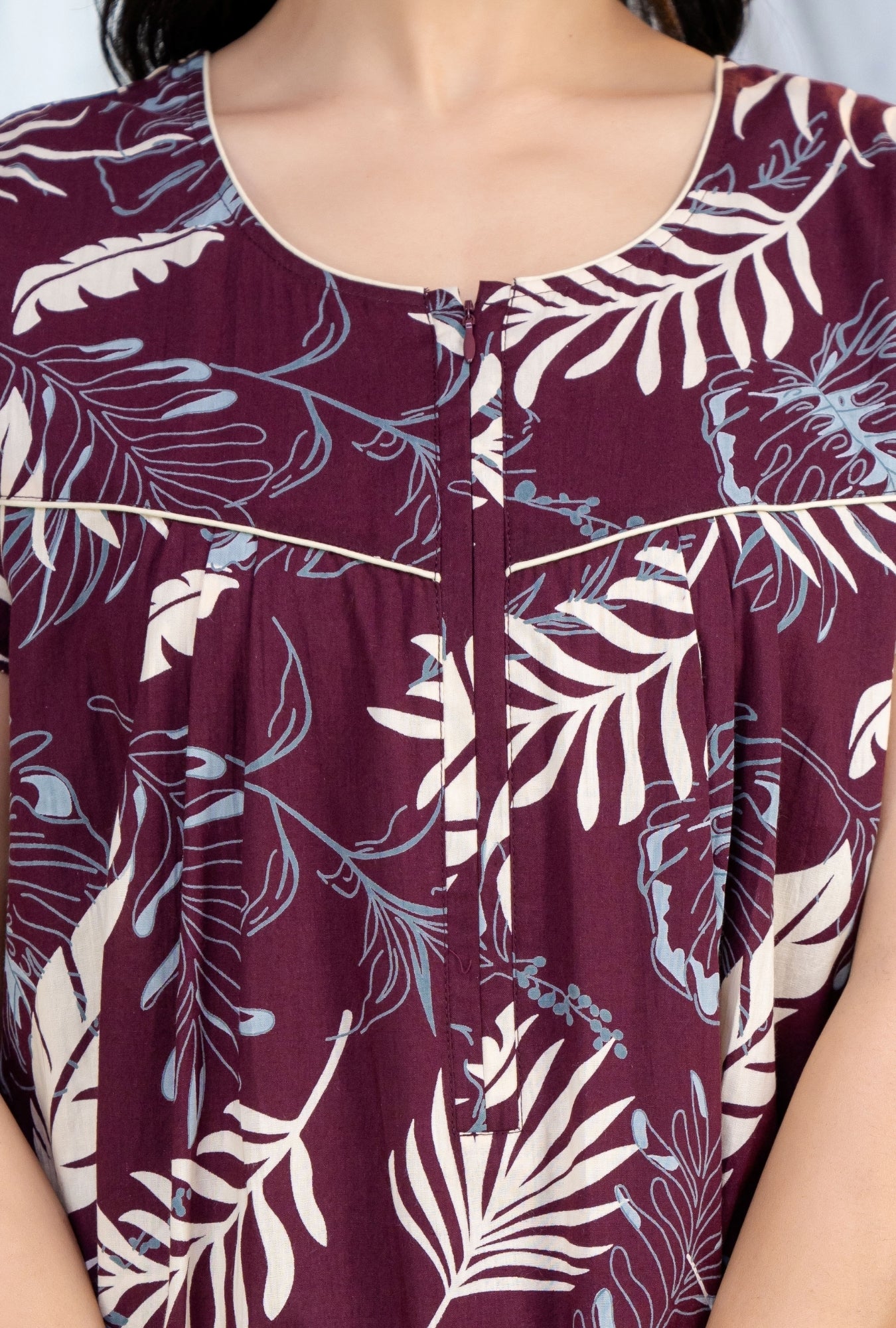 Plum Leaf Wine Cotton Printed Nightwear Gowns