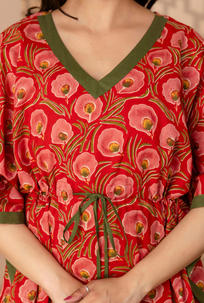 Neo Ethnic Red Printed Cotton Loungewear Kaftan