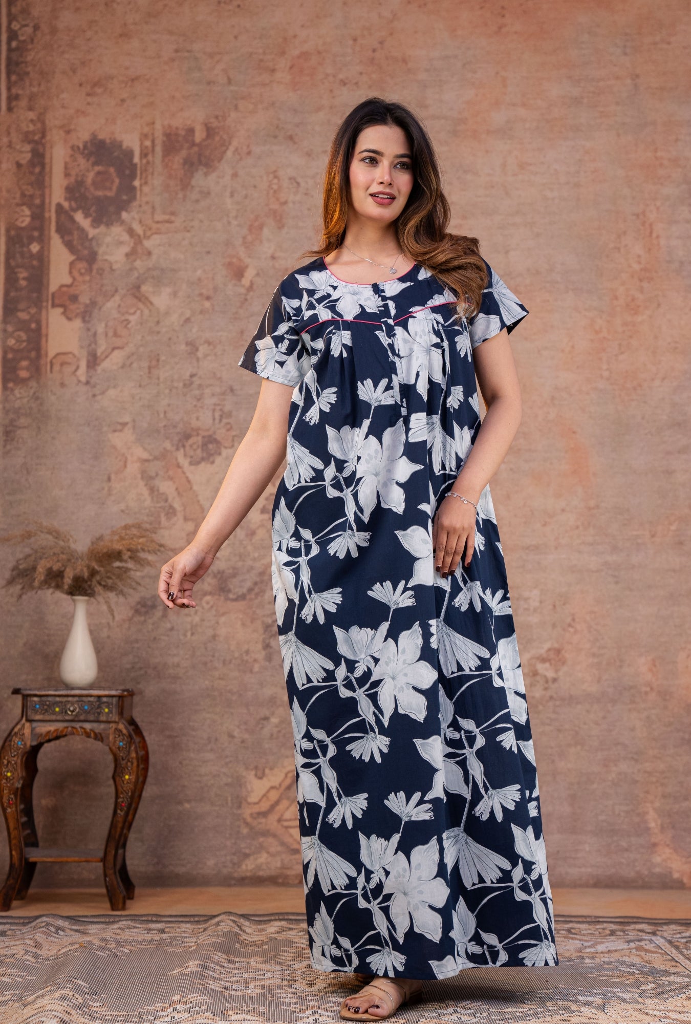 Water Lily Navy Cotton Printed Nightwear Gowns