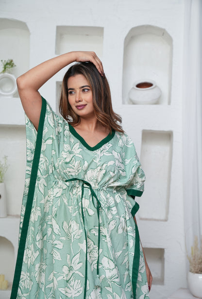 Pastel Flower Mint Loungewear Cotton Kaftan