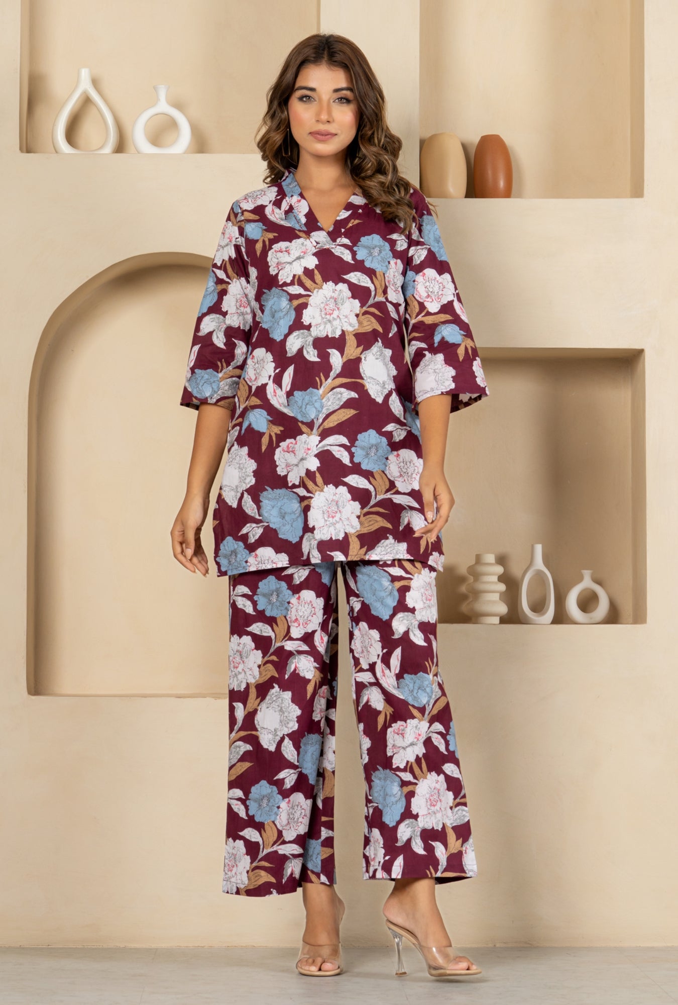 Orchid Oasis Wine Cotton Loungewear Co-ords Set