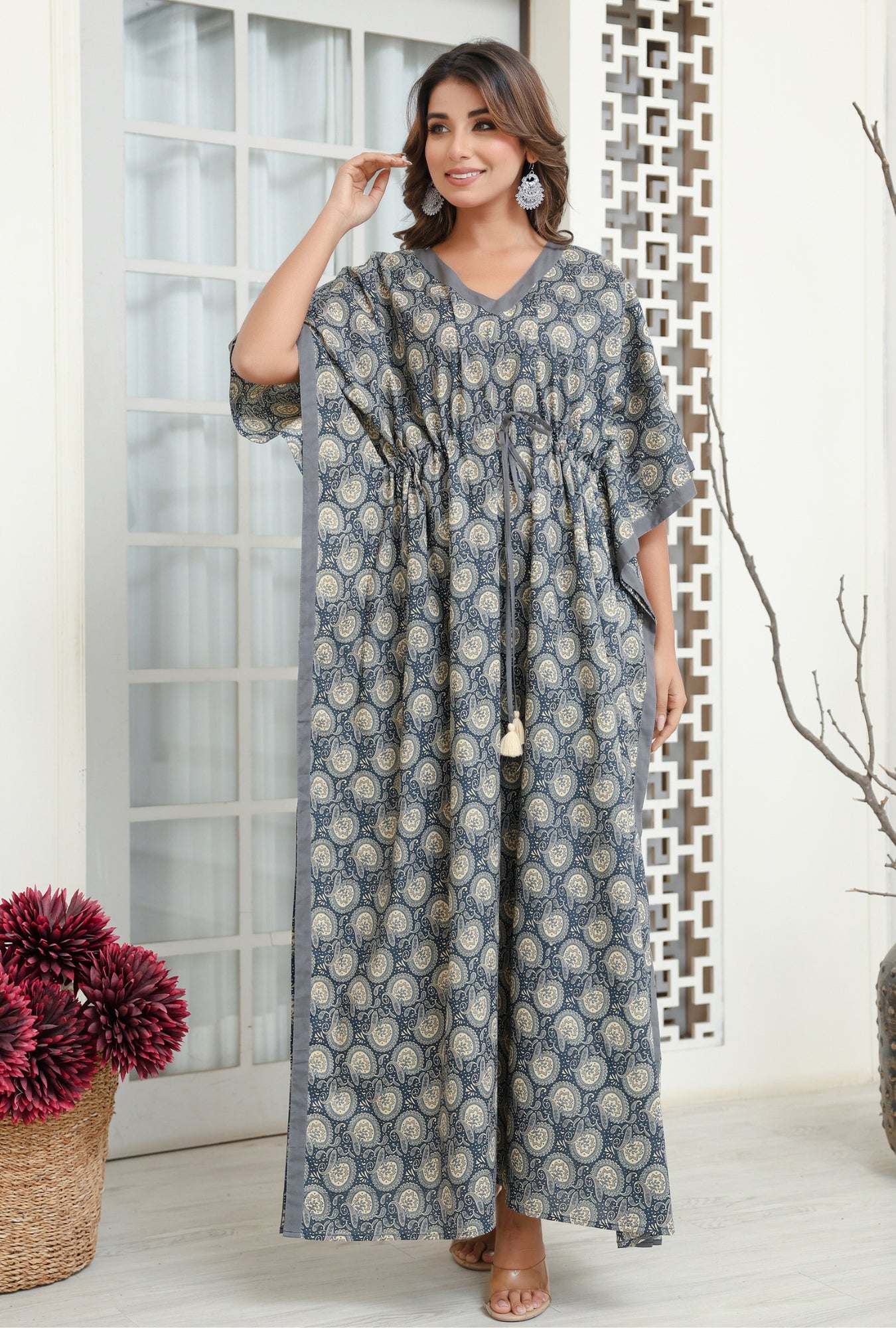 Indus Valley Grey Printed Cotton Loungewear Kaftan