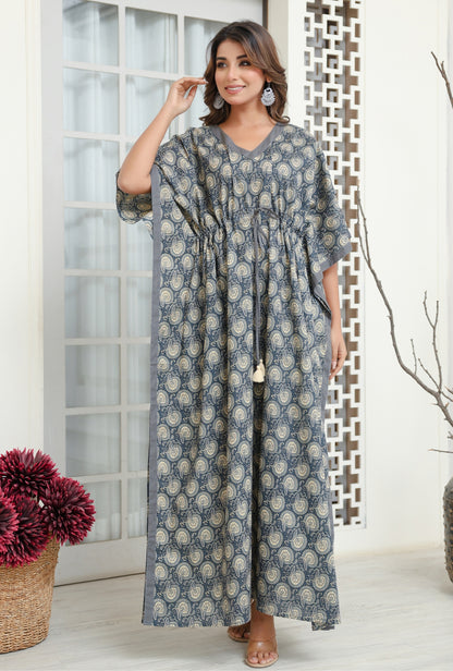 Indus Valley Grey Printed Cotton Loungewear Kaftan