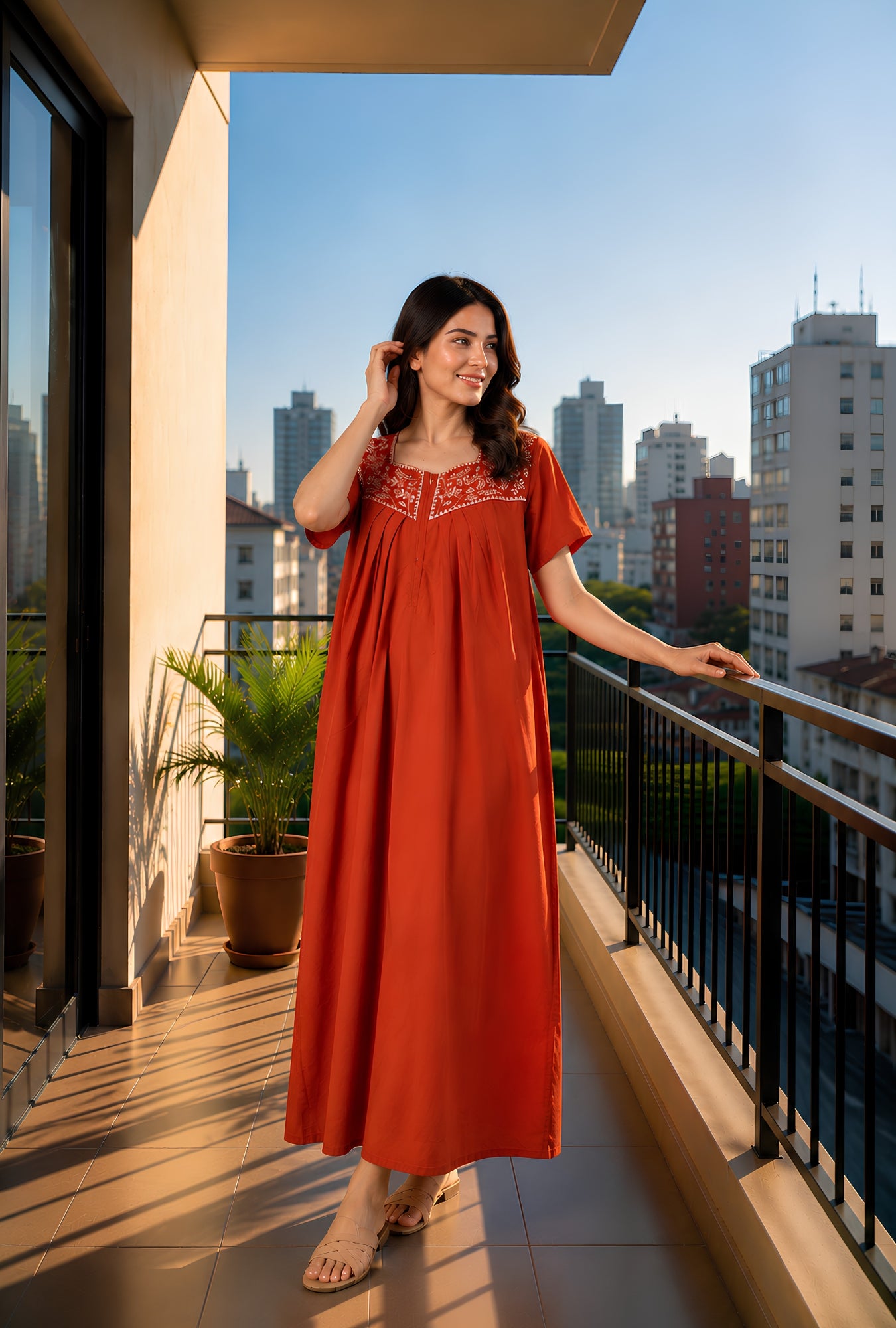 Crimson Bloom Rust Embroidery Yoke Cotton Night Gown