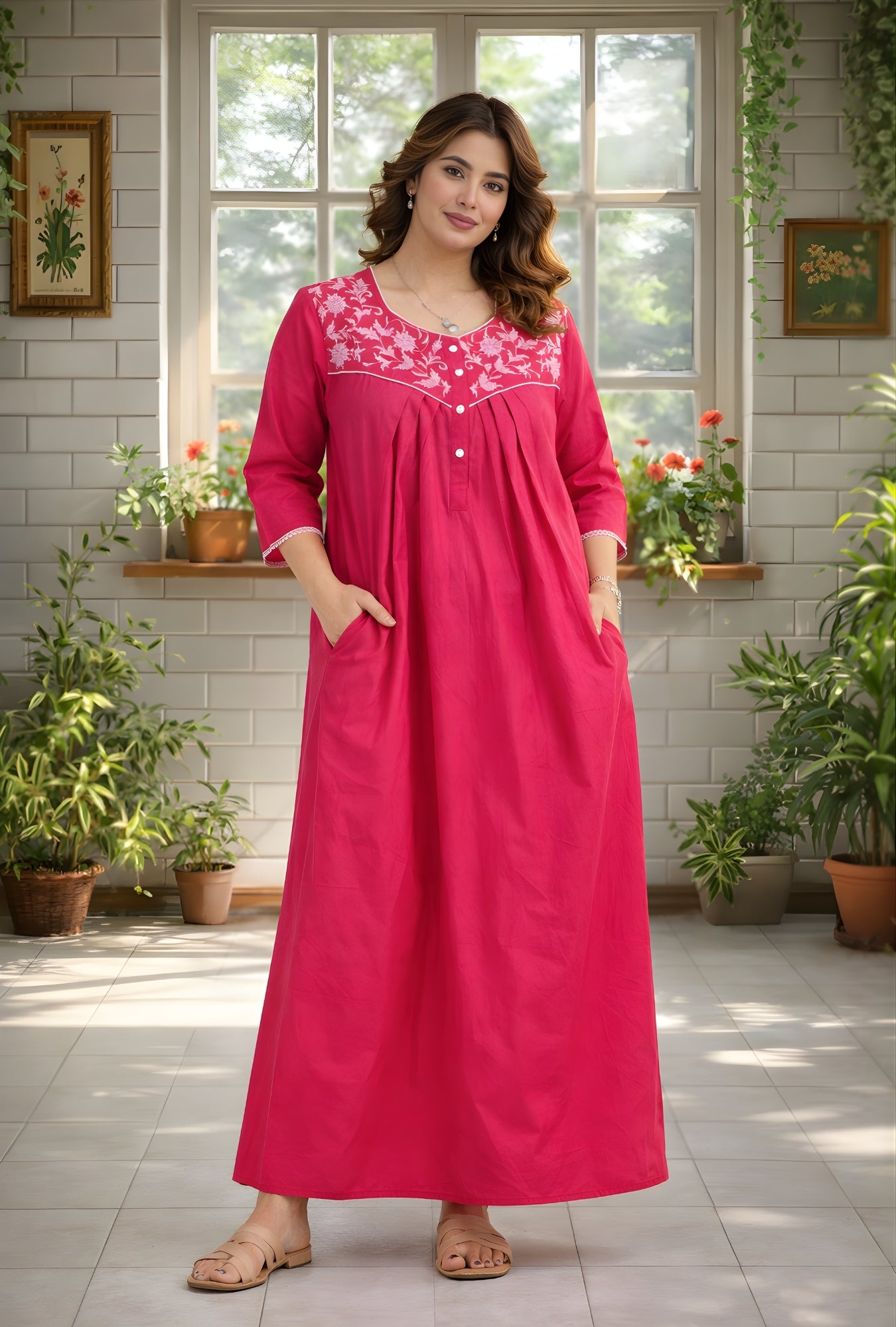 Fuchsia Pink Floral Embroidey Yoke Cotton Night Gown