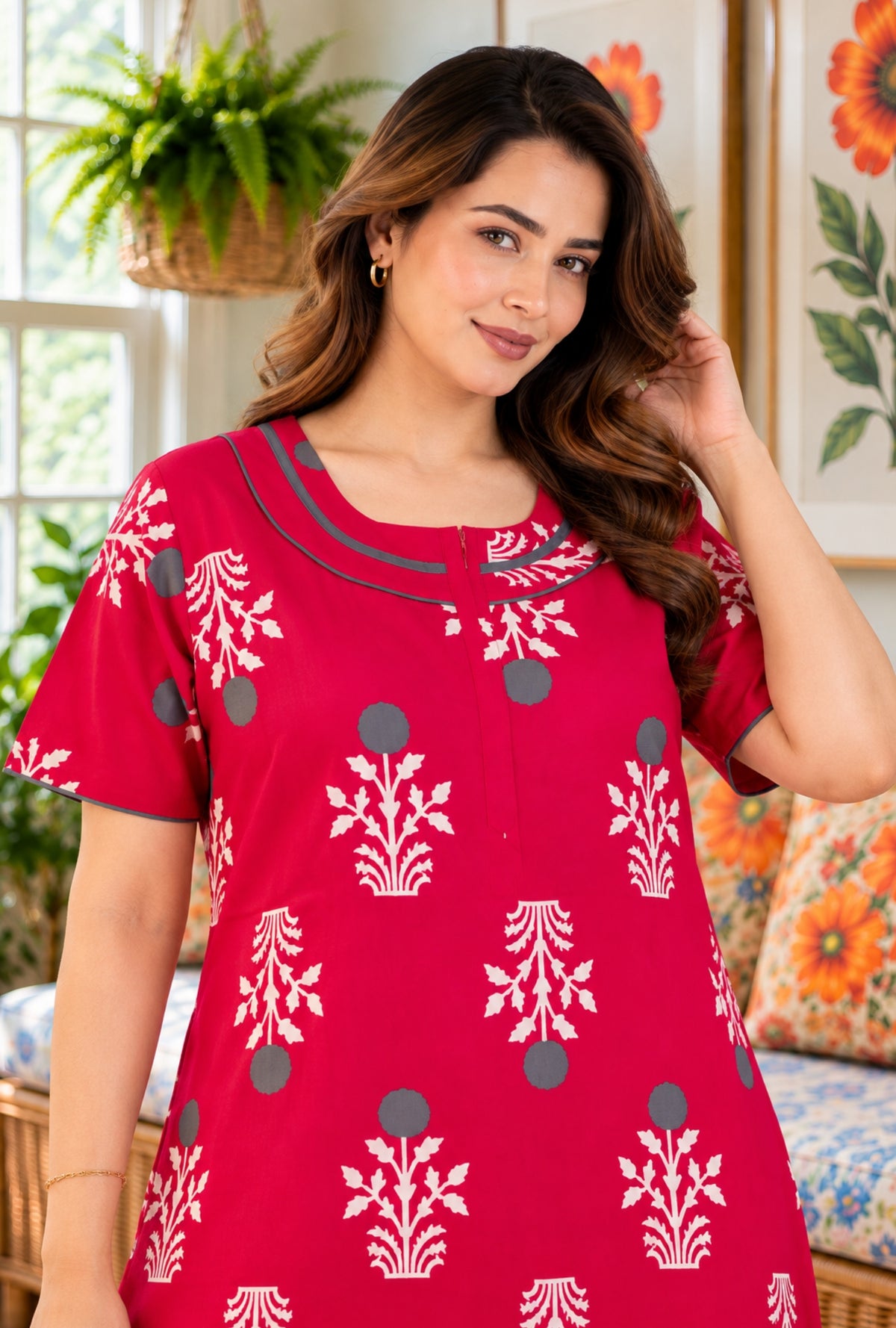 Imperial Bloom Royal Pink Printed Cotton Night Gown