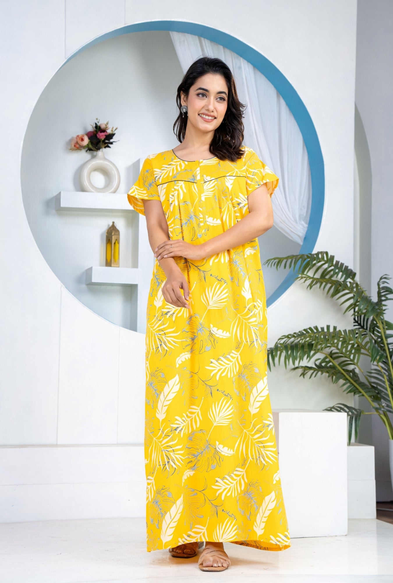 Plum Leaf Yellow Cotton Printed Nightwear Gowns