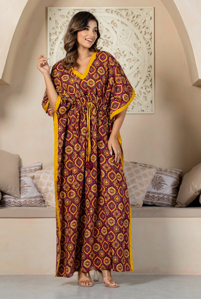 Maharani Motif Maroon Cotton Loungewear Kaftan