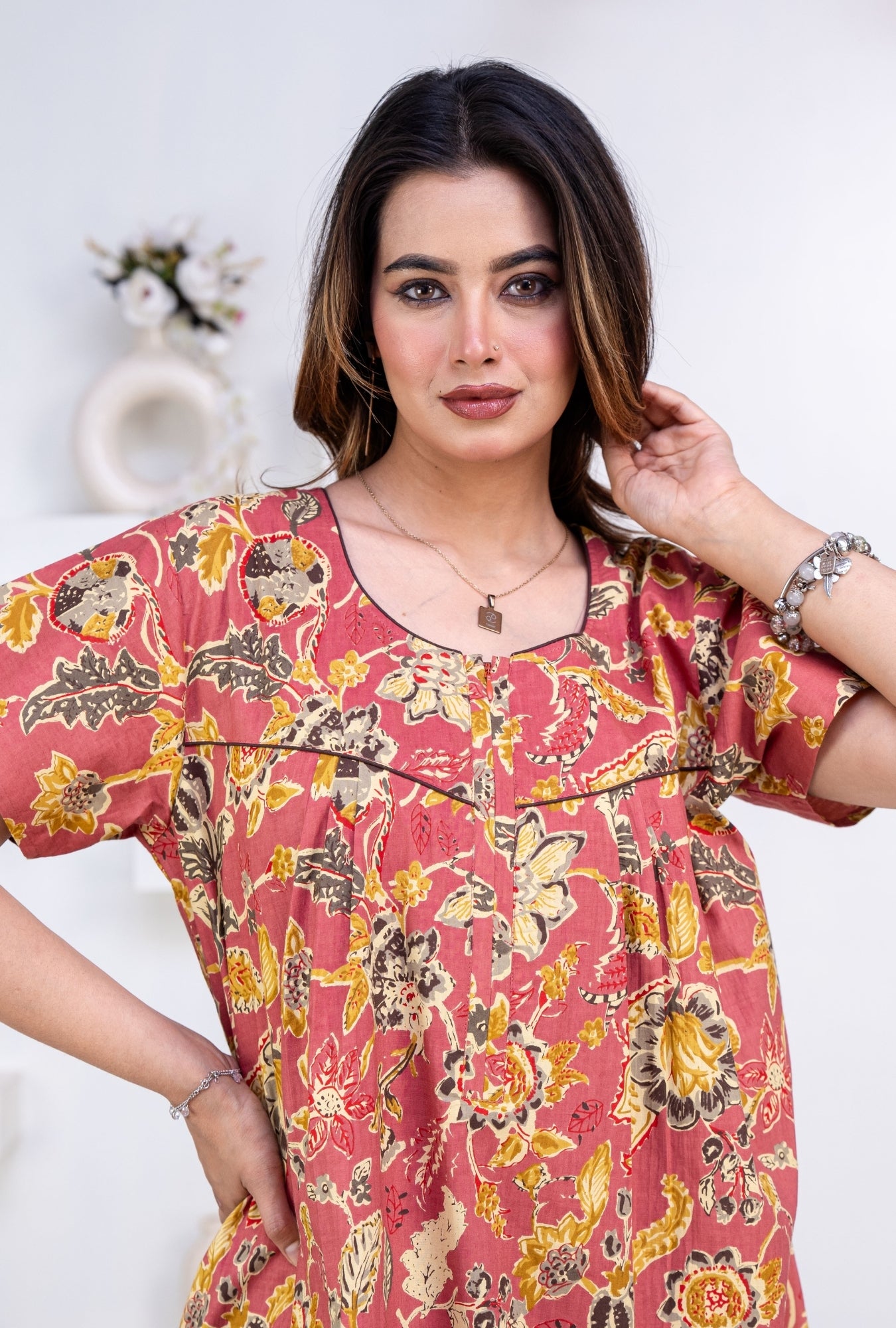 Floral Heritage Rust Cotton Printed Nightwear Gowns