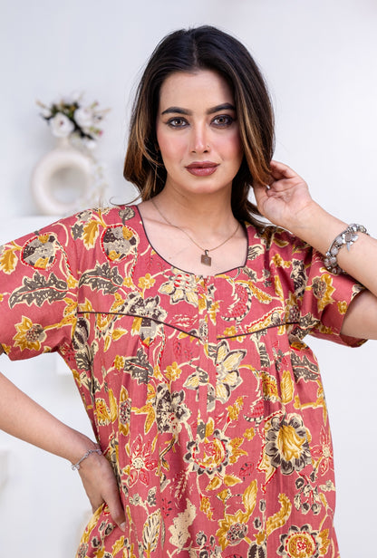 Floral Heritage Rust Cotton Printed Nightwear Gowns