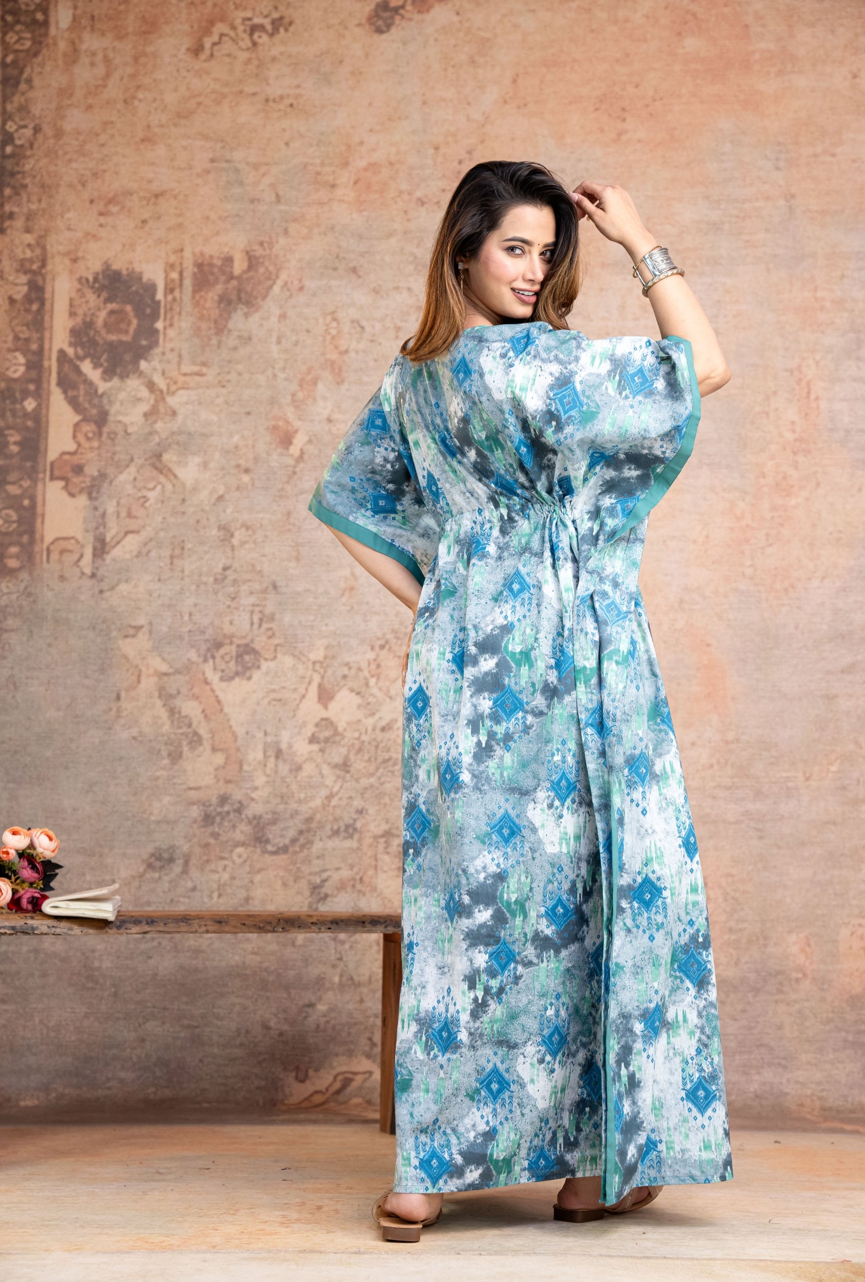 Ikkat Blue Grey Loungewear Cotton Kaftan