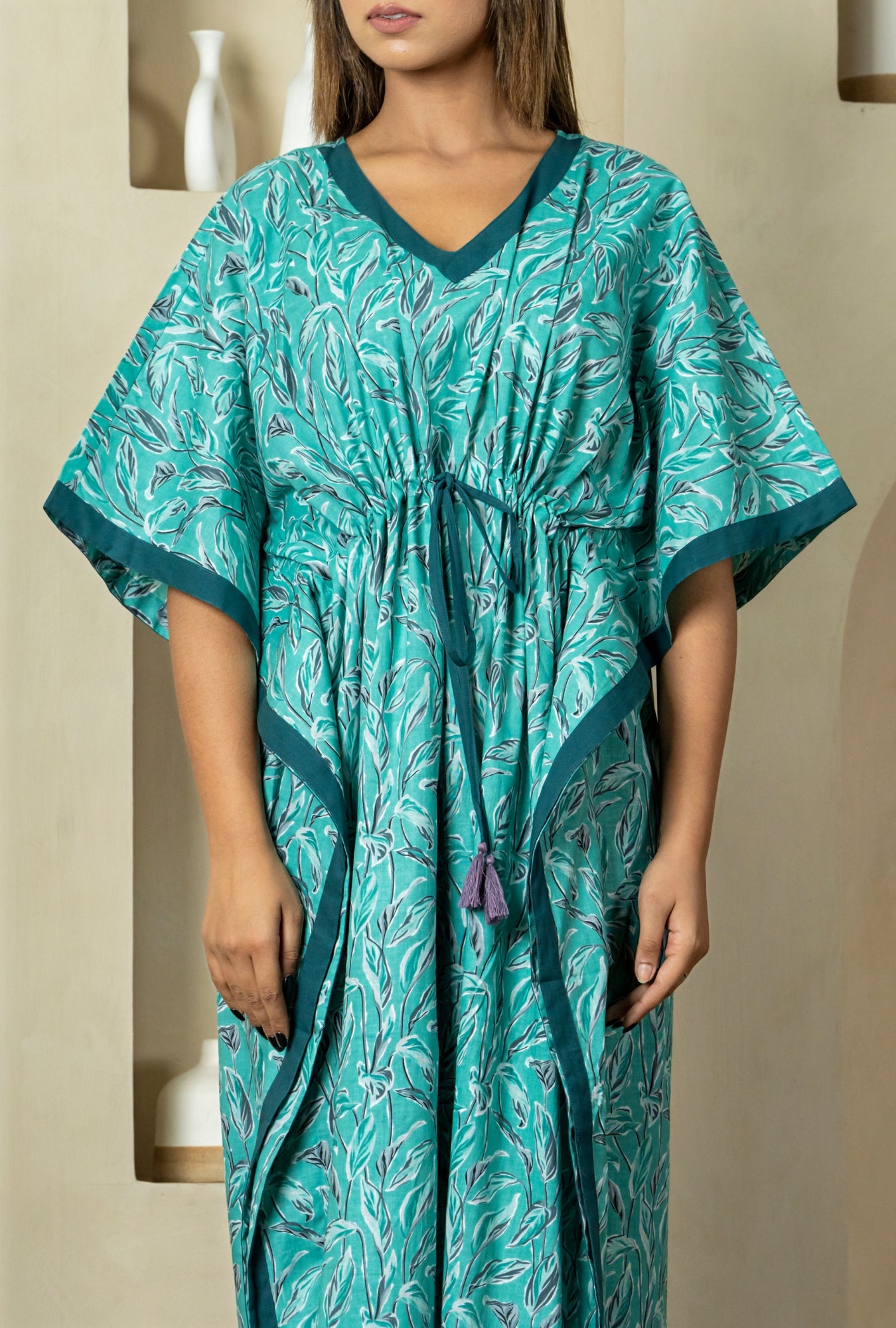 Garden Glow Turqoise Cotton Loungewear Kaftan