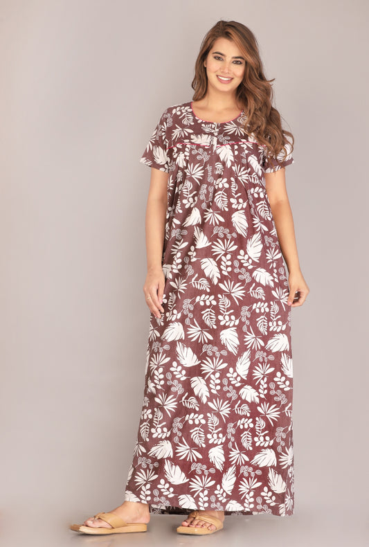 Pine Leaf Grey Cotton Printed Nightwear Gowns