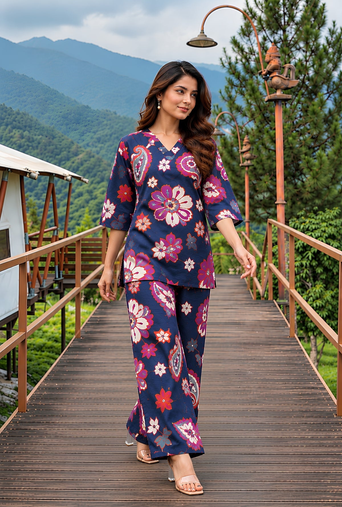 Sapphire Jardin Navy Blue Printed Cotton Co-ords Set