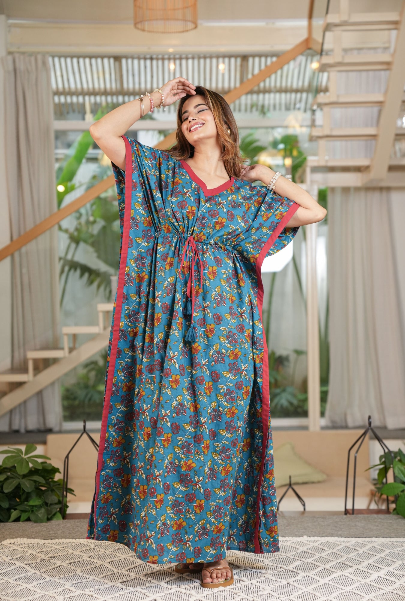 Tropical Teal Loungewear Cotton Kaftan