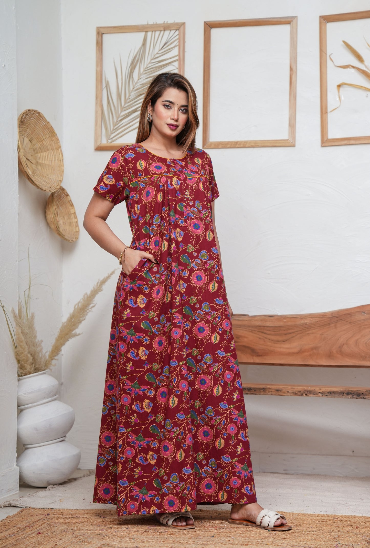 Paisley Flower Maroon Cotton Printed Nightwear Gowns