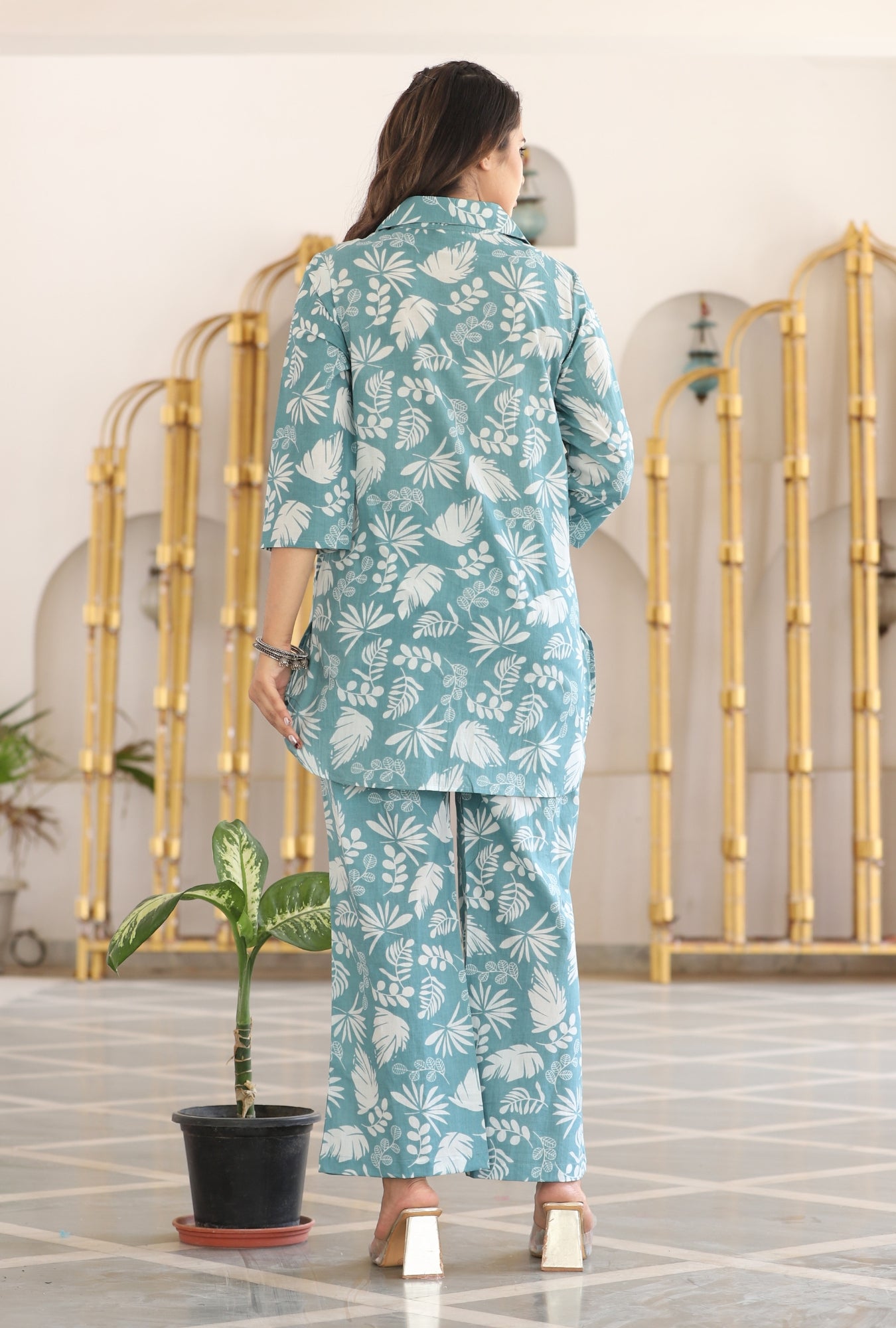 Aqua Blooms Cotton Loungewear Co-ords Set