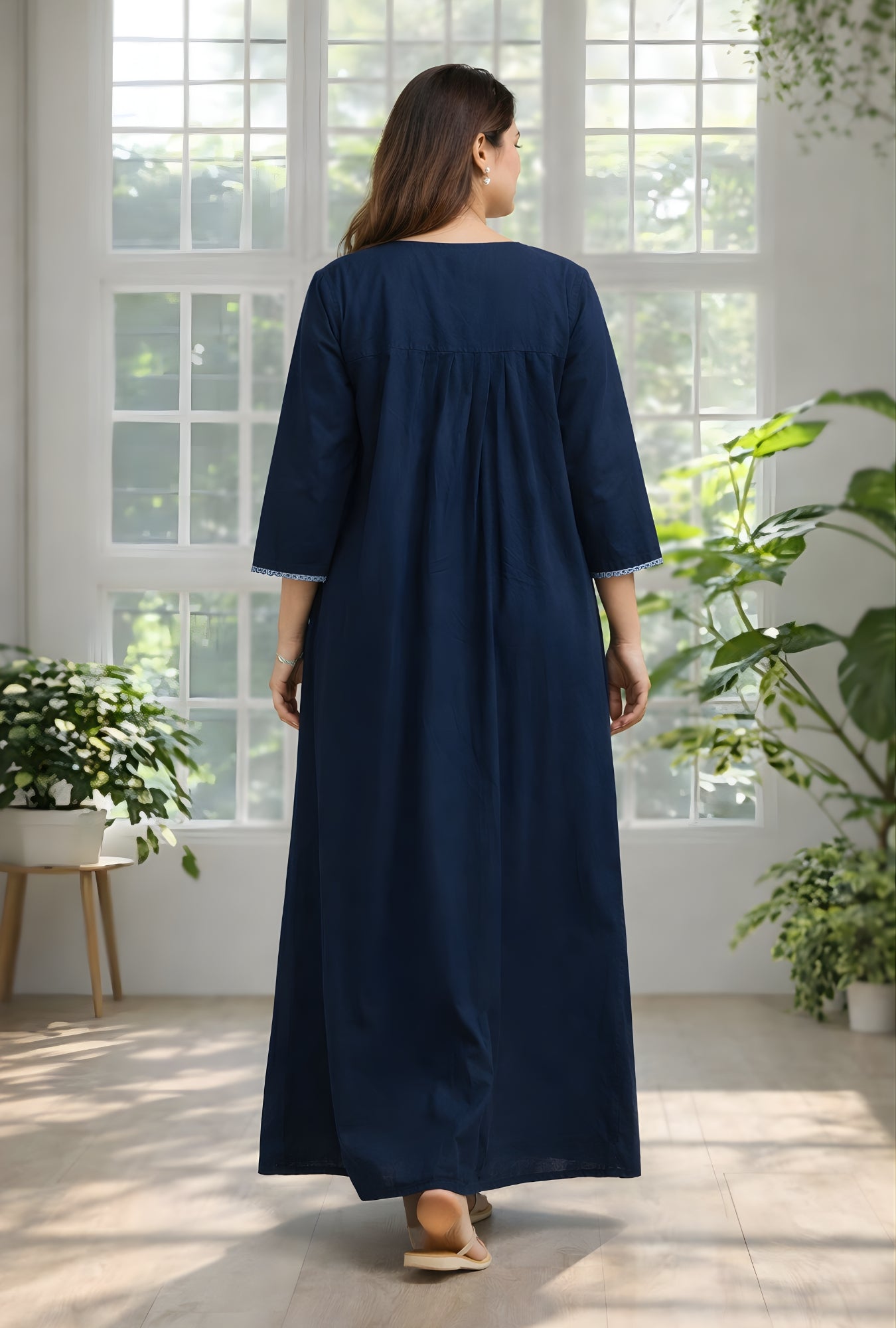 Navy Blue Floral Embroidery Yoke Cotton Night Gown