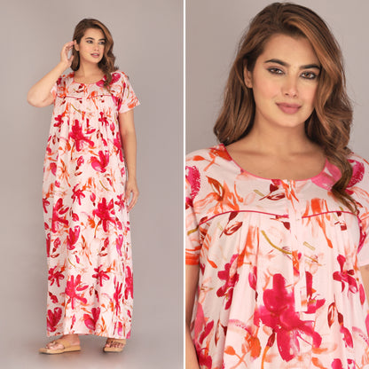 Spray Flower Pink Cotton Printed Nightwear Gowns