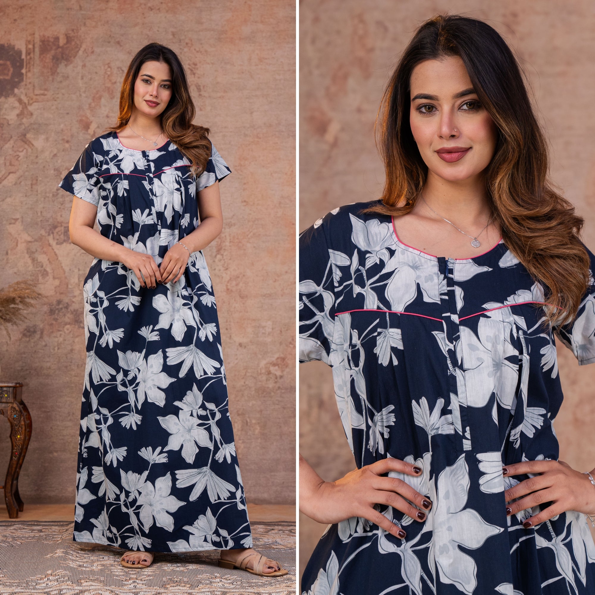 Water Lily Navy Cotton Printed Nightwear Gowns