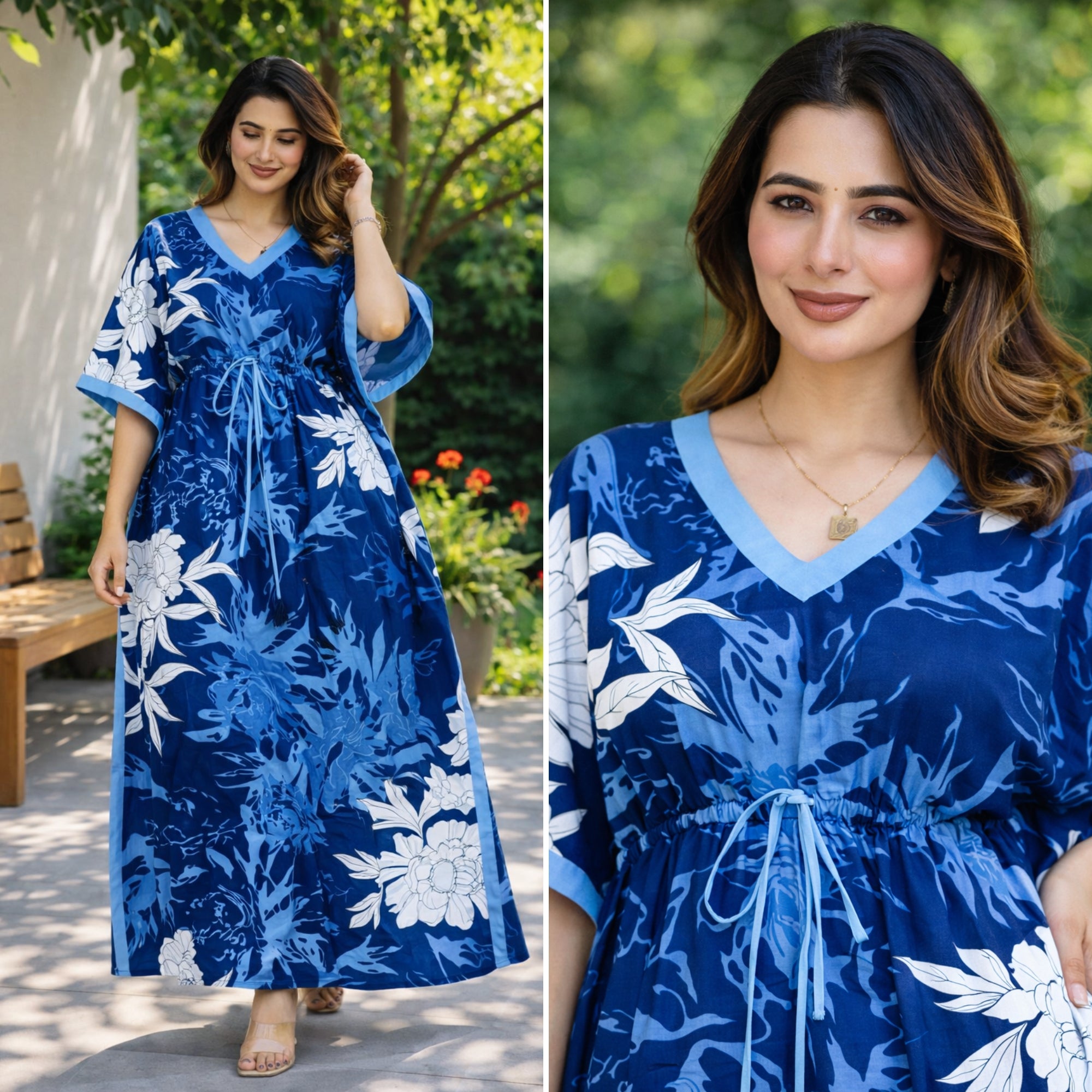 Palm Breeze Blue Loungewear Cotton Kaftan