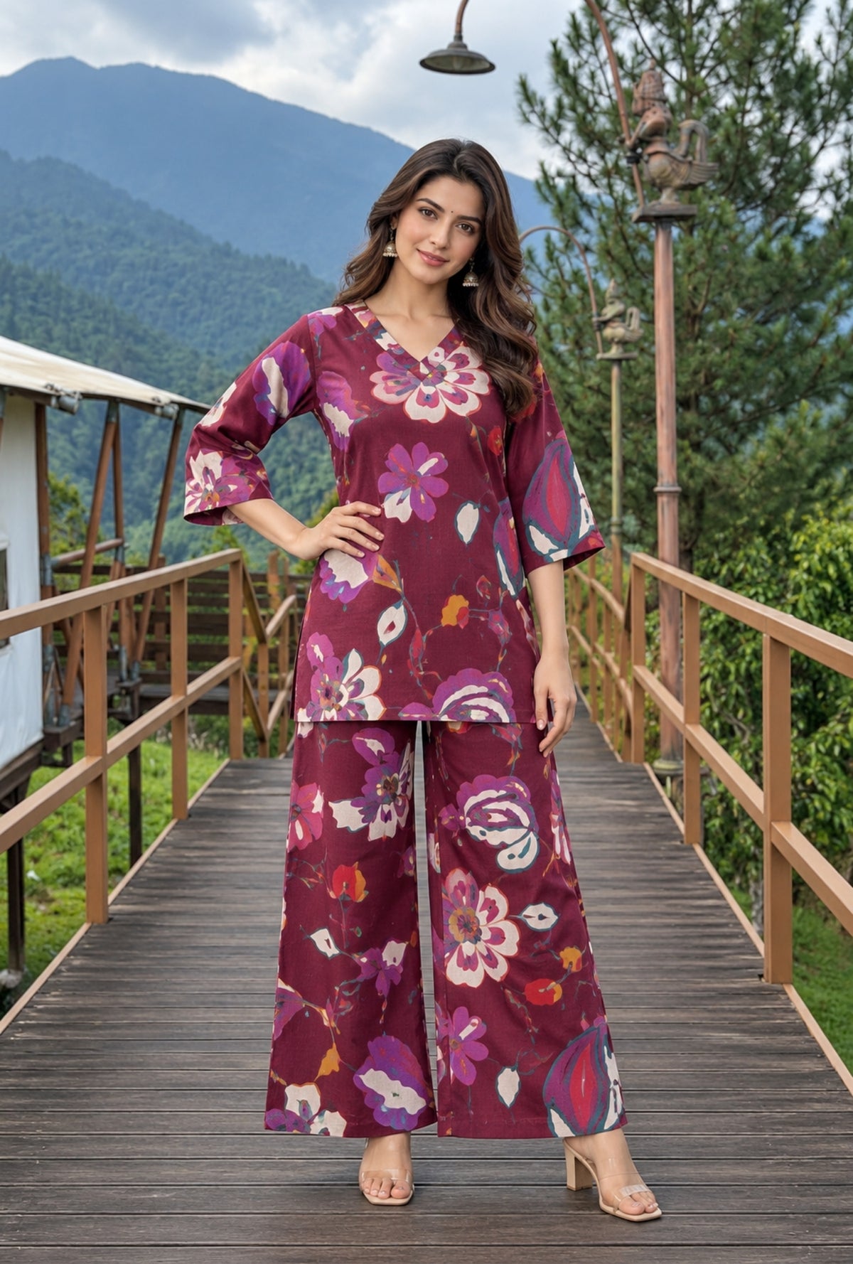 Sapphire Jardin Wine Printed Cotton Co-ords Set