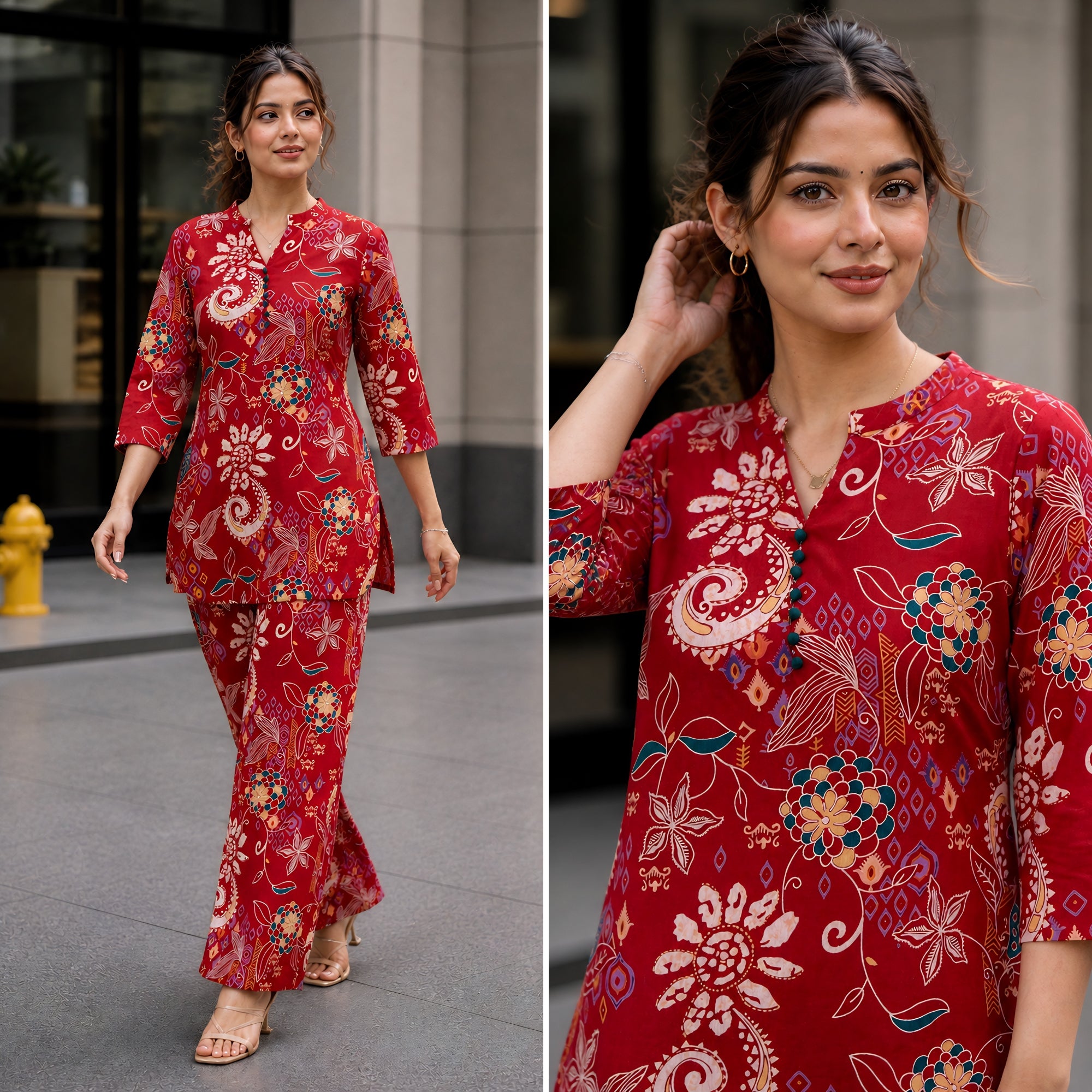 Folk Legends Maroon Printed Cotton Co-ords Set
