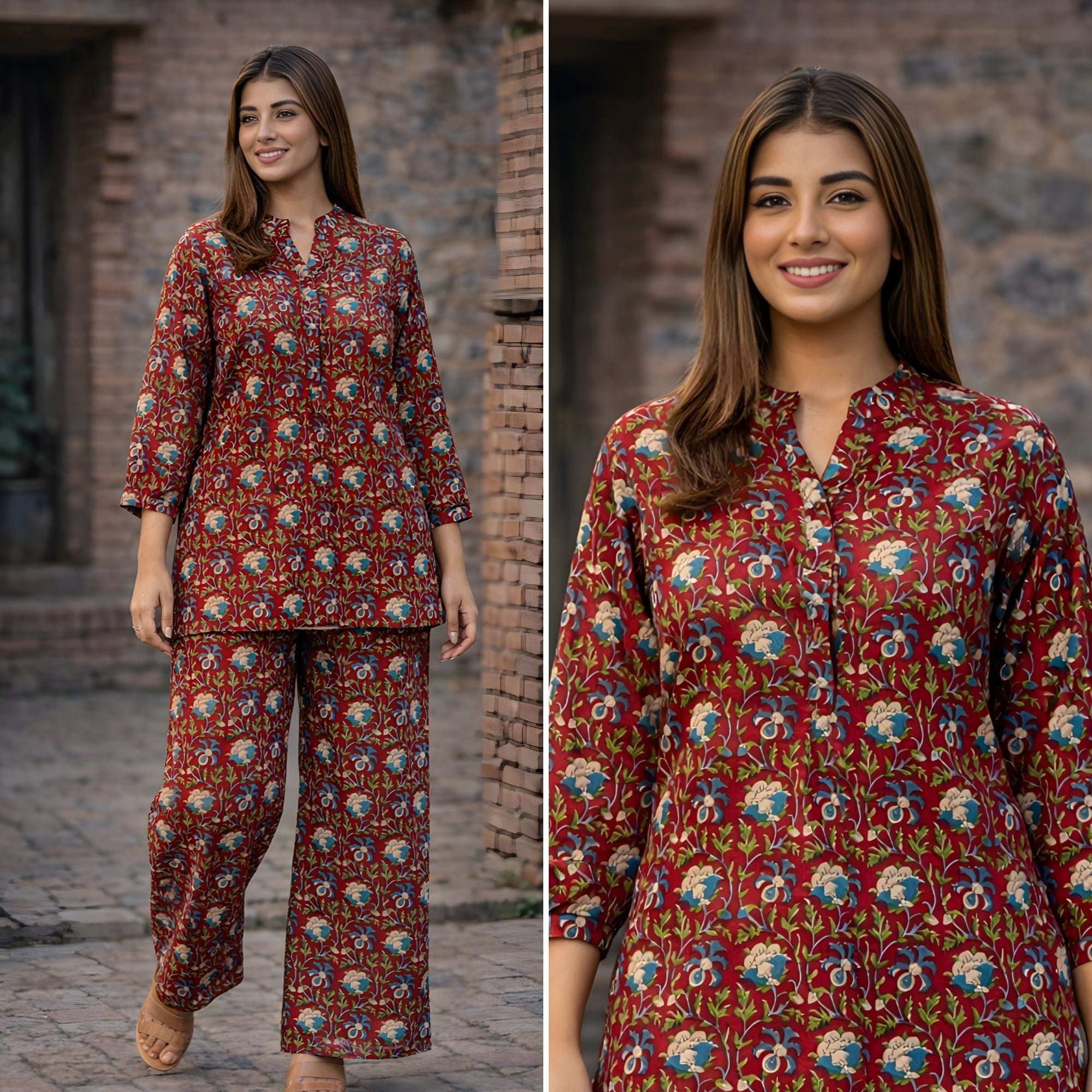 Kalamkari Maroon Cotton Loungewear Co-ords Set
