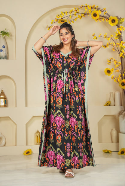 Ikkat Black Loungewear Cotton Kaftan