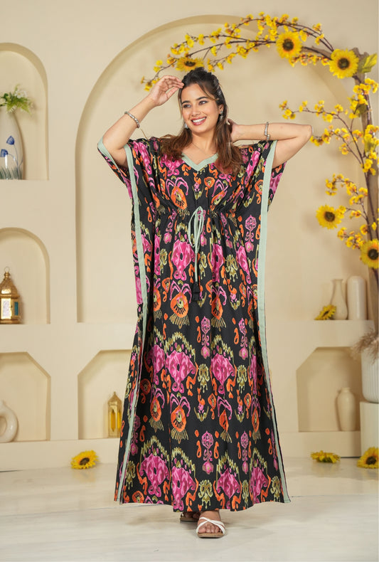 Ikkat Black Loungewear Cotton Kaftan
