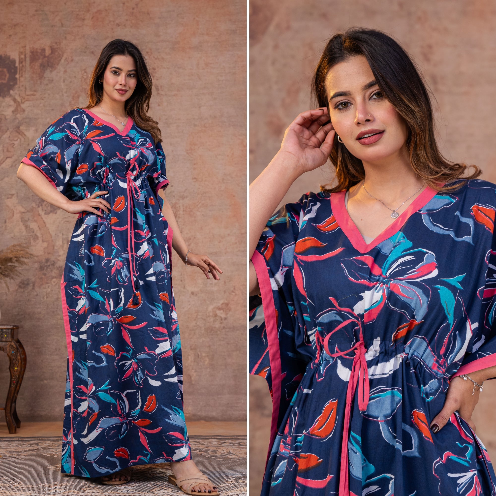 Gulnaar Floral Blue Loungewear Cotton Kaftan