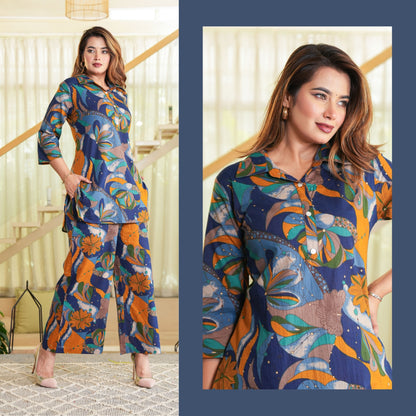 Polygona Blue Cotton Loungewear Co-ords Set