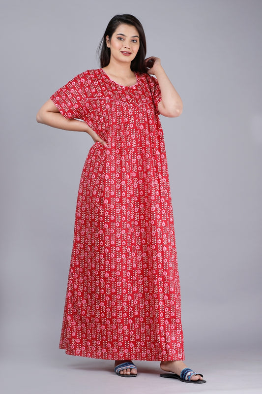 Flower Red Cotton Nightwear Gowns