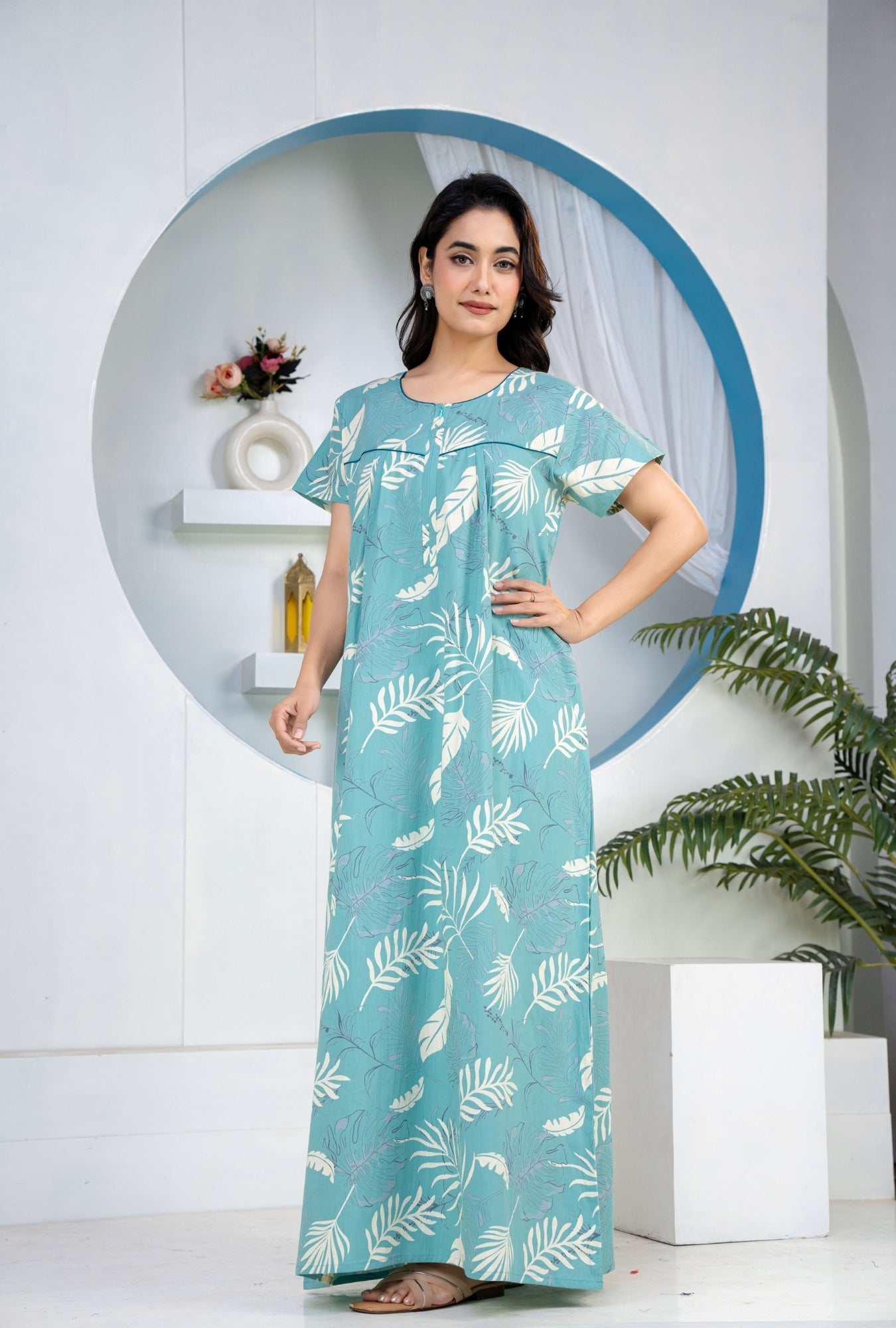 Plum Leaf Sea Green Cotton Printed Nightwear Gowns