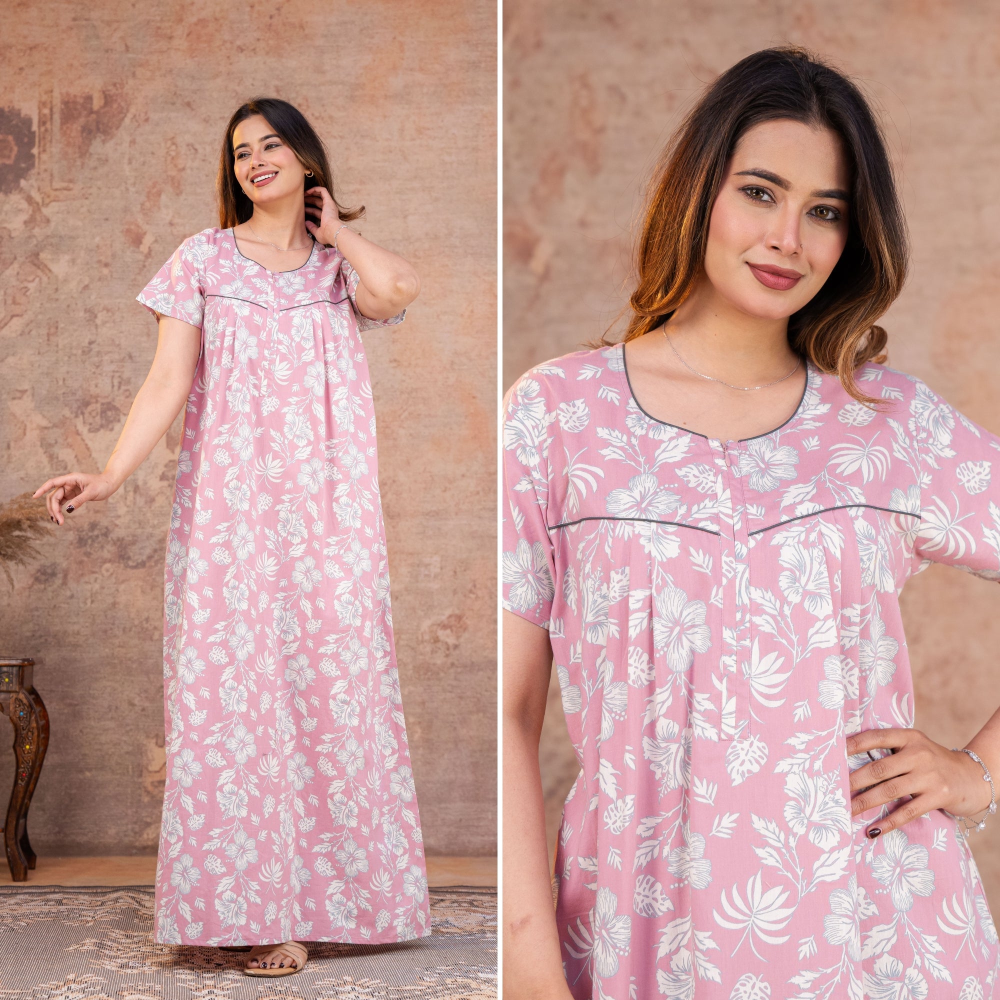 Petal Sketch Mauve Cotton Printed Nightwear Gowns