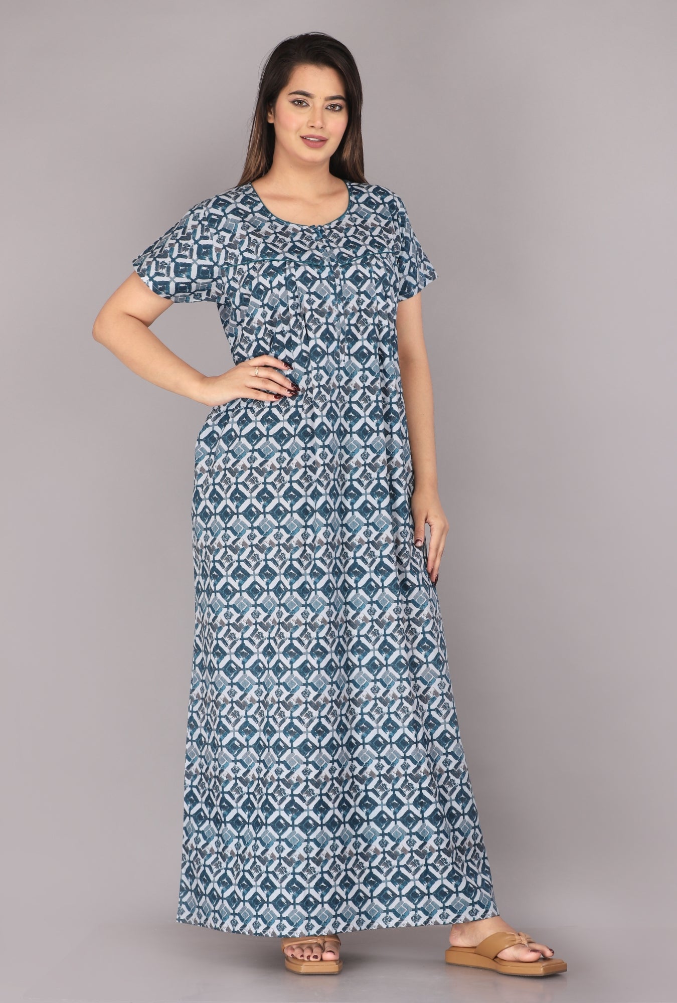 Cross Blocks Blue Cotton Printed Nightwear Gowns