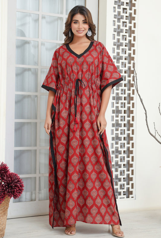 Ajrak Buta Maroon Printed Cotton Loungewear Kaftan