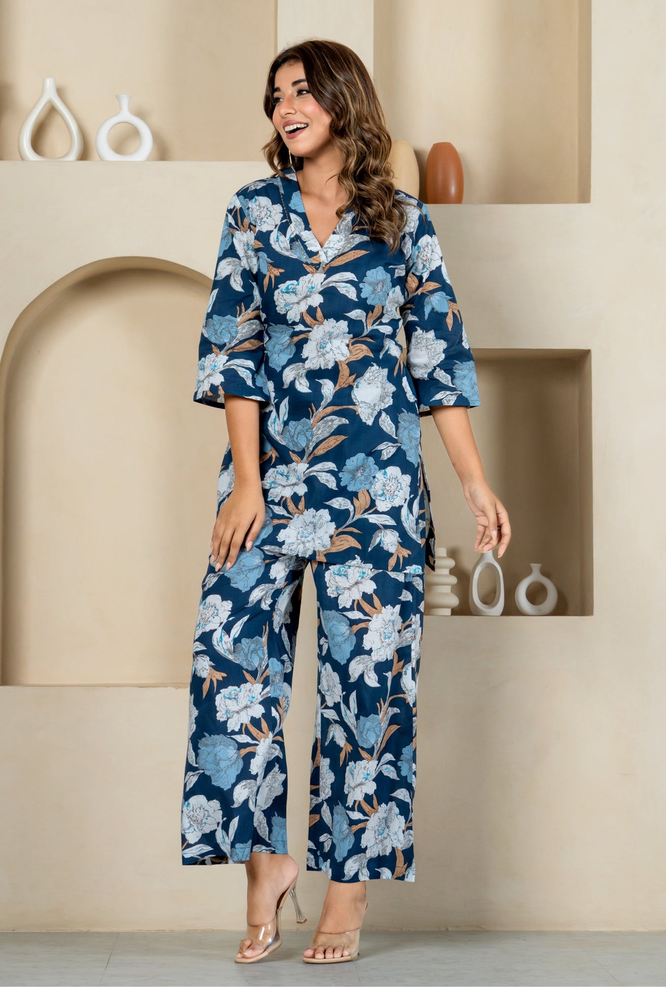 Orchid Oasis Blue Cotton Loungewear Co-ords Set