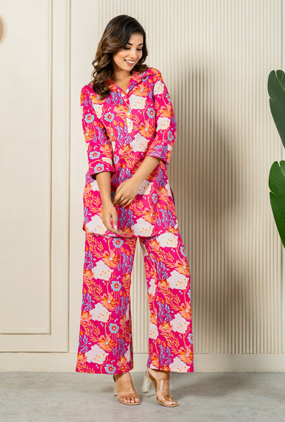 Rosette Delight Pink Cotton Loungewear Co-ords Set