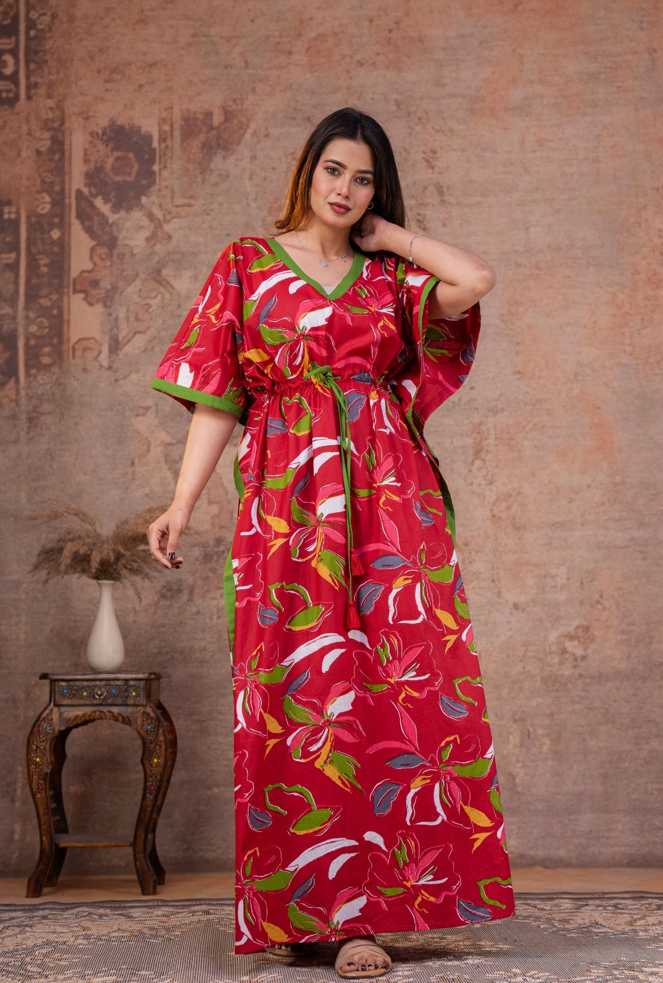 Gulnaar Floral Red Loungewear Cotton Kaftan