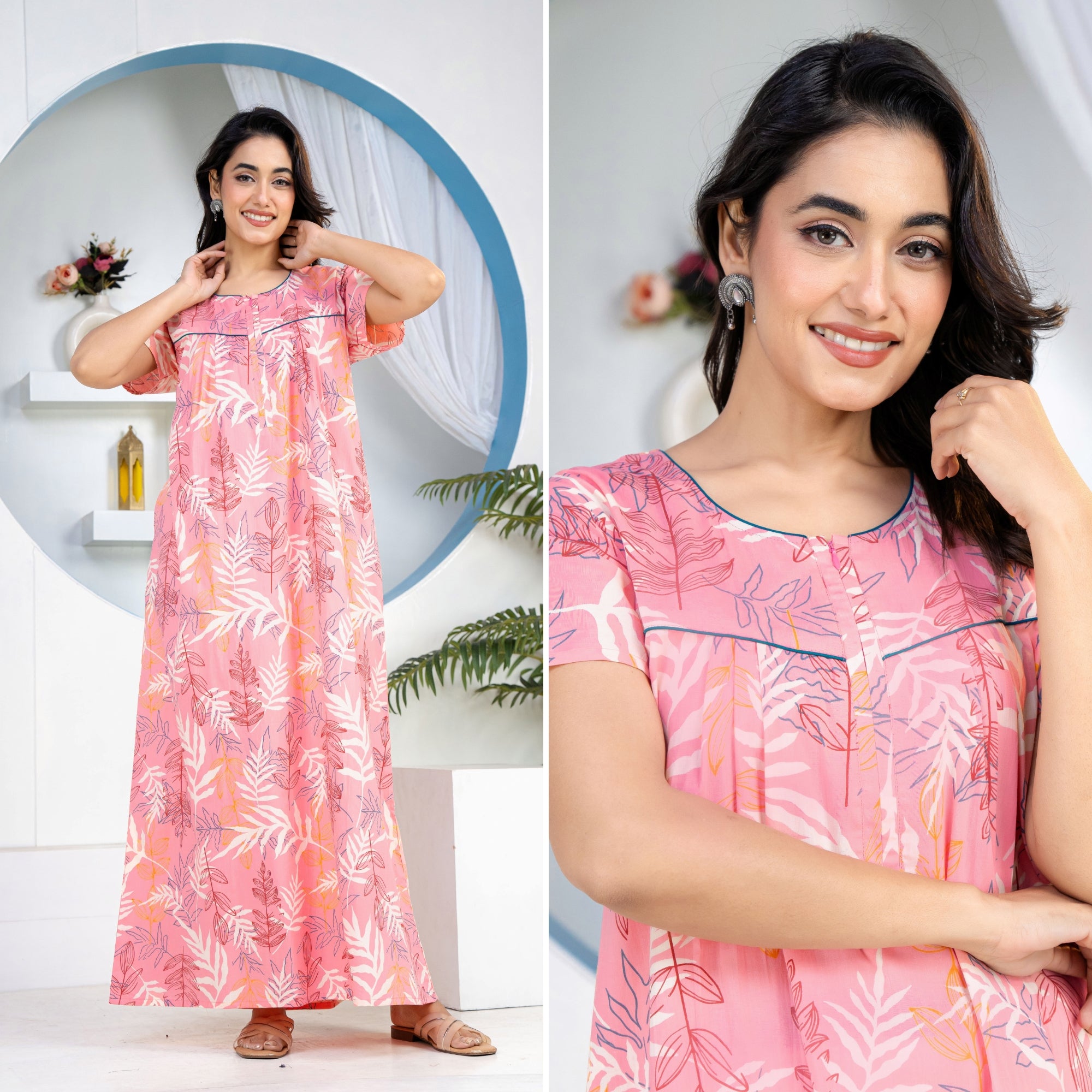 Patravali Pink Cotton Printed Nightwear Gowns