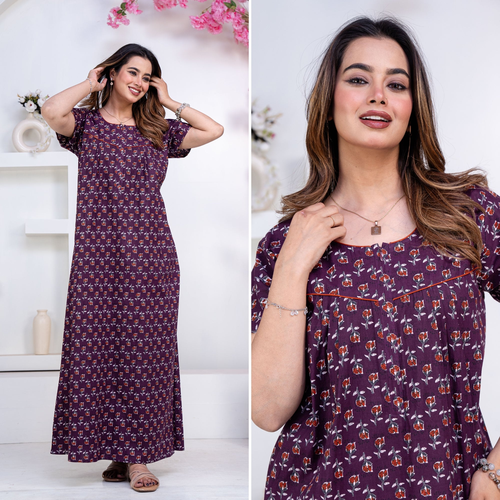 Dandelion Purple Cotton Printed Nightwear Gowns