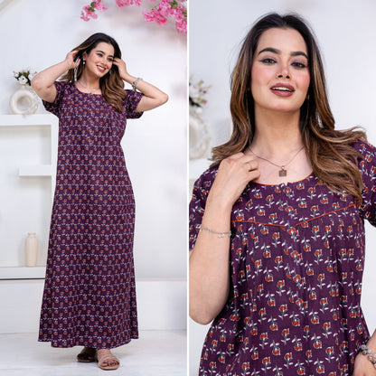 Dandelion Purple Cotton Printed Nightwear Gowns