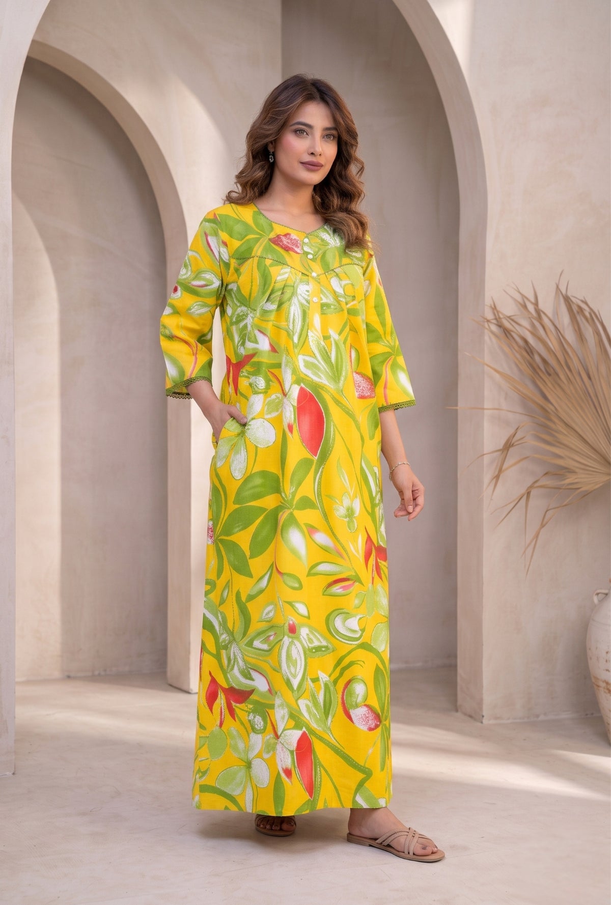 Tropical Breeze Yellow Floral Cotton Night Gown