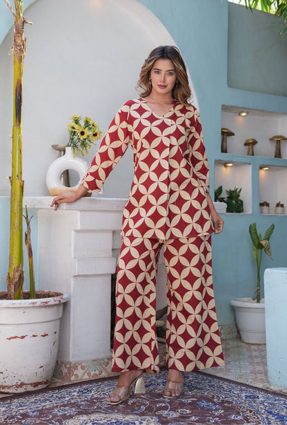 Cubika Maroon Printed Cotton Co-ords Set