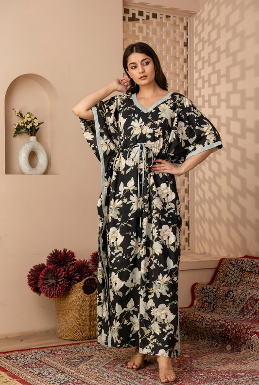 Black Botanica Printed Cotton Loungewear Kaftan