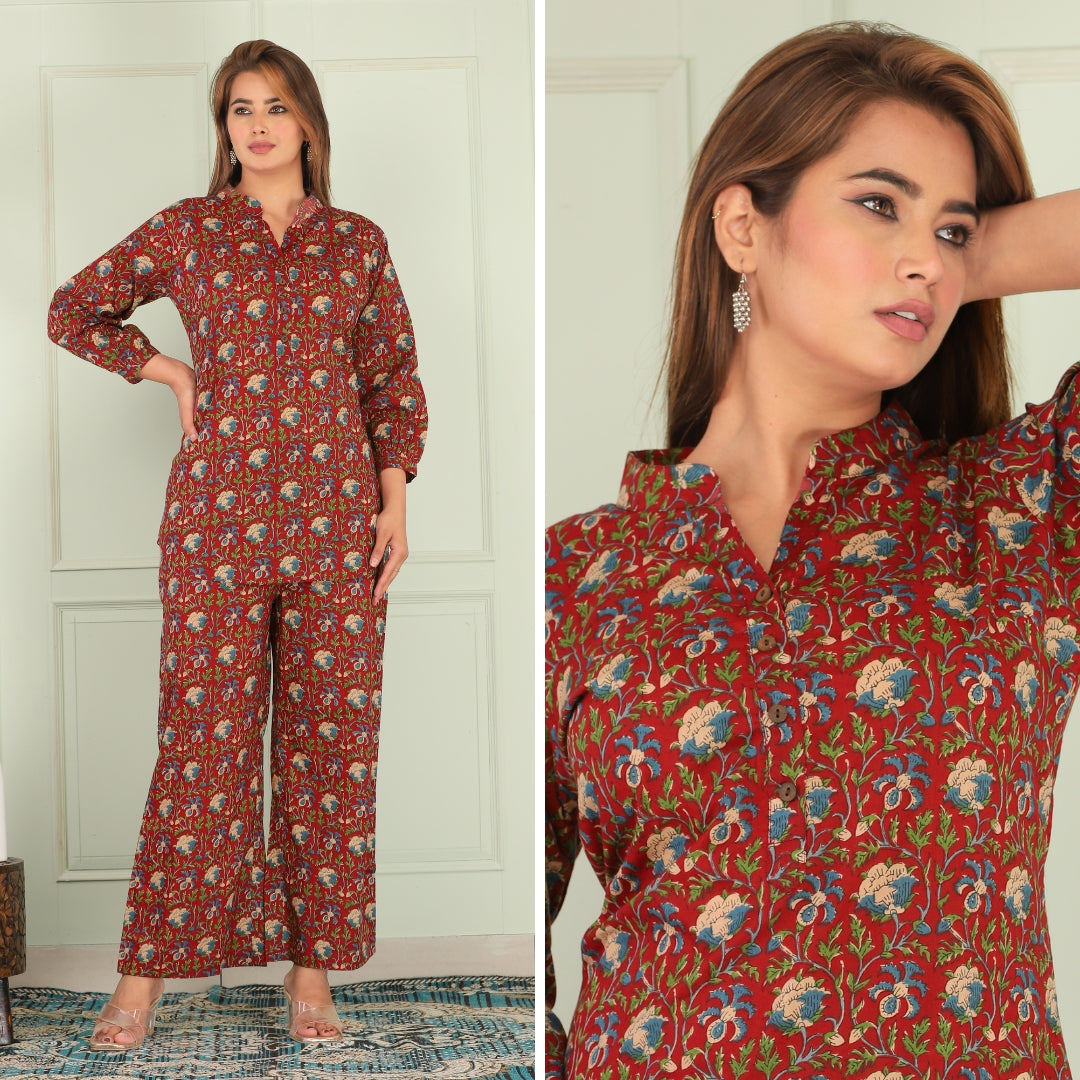 Kalamkari Maroon Cotton Loungewear Co-ords Set